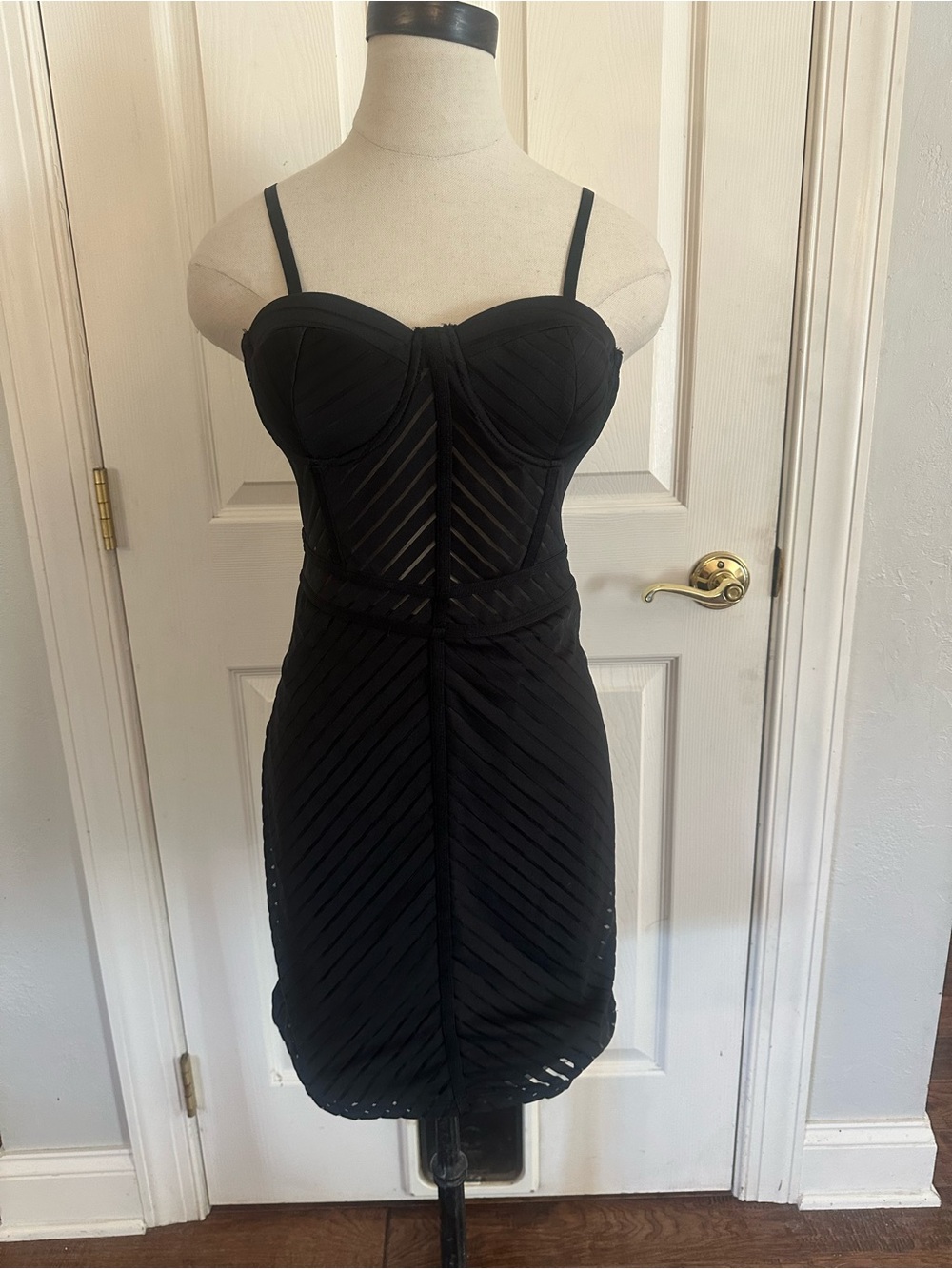 Corset Style Black Strappy Sheer-Panel Bodycon Mini Dress